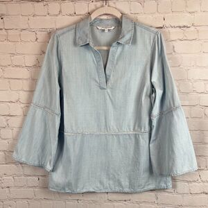 FOXCROFT light blue swing lace trim flared sleeve chambray tunic blouse top 8